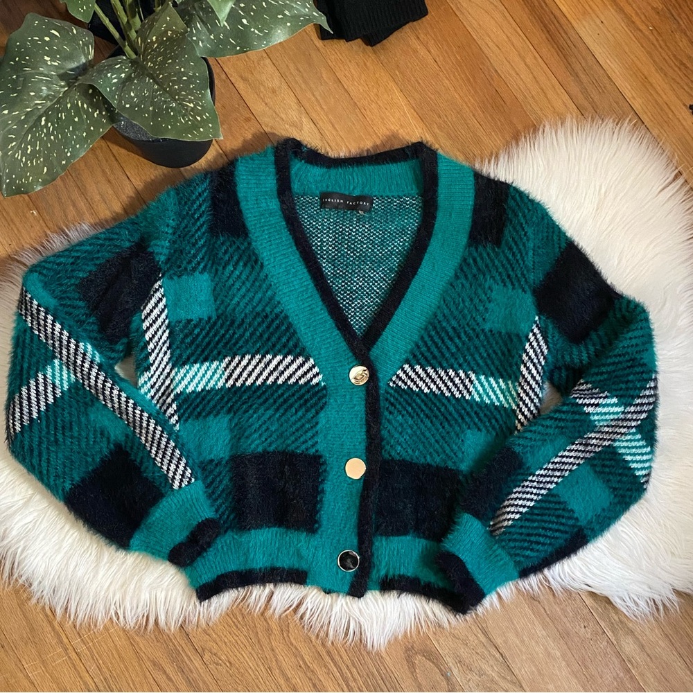 VICI Plaid Cardigan Sweater Women’s Size XS Green Black